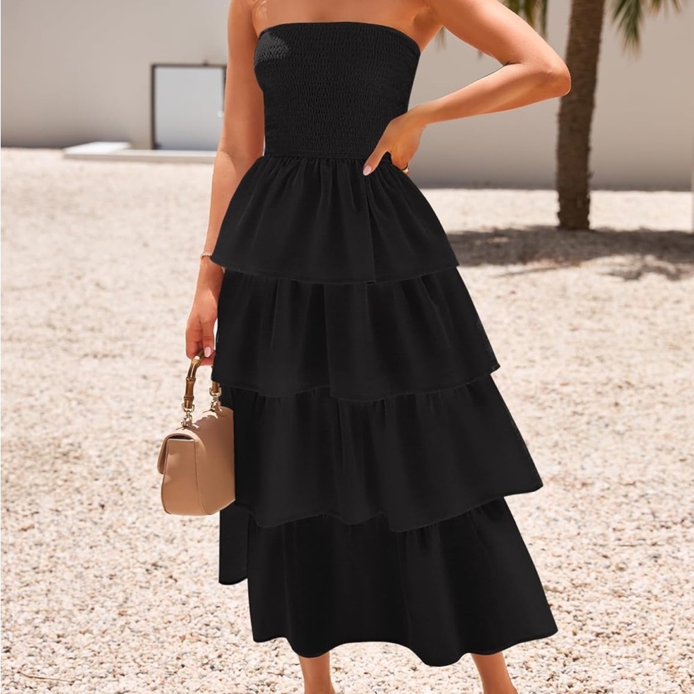 Elegant Black Strapless Tiered Dress